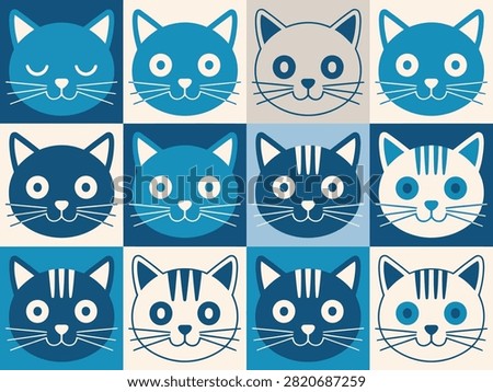 Colorful stylized cat faces collection with transparent background for design projects