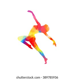 The colorful stylized dancer's pose. Drawing is made by polygons. Vector design elements for your creativity.