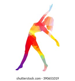 The colorful stylized dancer's pose. Drawing is made by polygons. Vector design elements for your creativity.