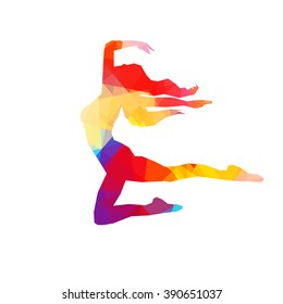 The colorful stylized dancer's pose. Drawing is made by polygons. Vector design elements for your creativity.