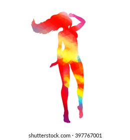 Colorful stylized dancer's pose. Drawing is made by polygons. Vector design elements for your creativity.