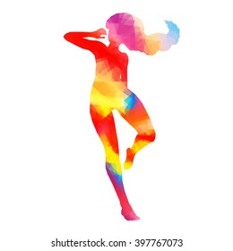 Colorful stylized dancer's pose. Drawing is made by polygons. Vector design elements for your creativity.