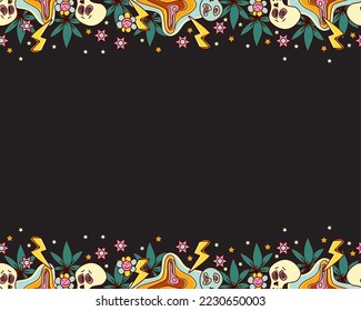 Borde decorativo de estilo colorido.Fondo retro vector de los años 70. Psicodélico, estilo hippies.