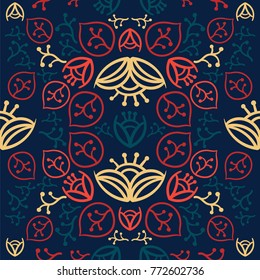 Colorful Stylized Design with Floral Elements. Seamless Pattern for Fabric, Cards and Backgrounds.