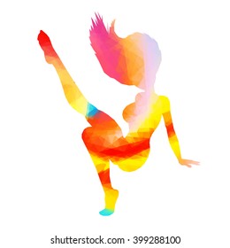 Colorful stylized female pose. Drawing is made by polygons. Vector design elements for your creativity.