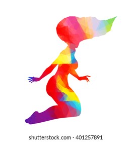 Colorful stylized female pose. Drawing is made by polygons. Vector design elements for your creativity.