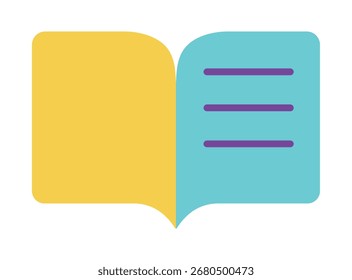 Um ícone plano colorido e estilizado de um livro aberto em forma de balões de fala. Este símbolo moderno é perfeito para os conceitos de educação, comunicação e narrativa.
