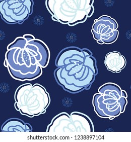 Colorful stylized floral pattern on dark blue background. Beautiful and unique roses in shades of blue. For textiles, fashion, home decor, pillows, wrapping paper, invitations, cards and wallpaper.