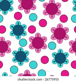 Colorful stylized flowers and polka dots seamless background pattern