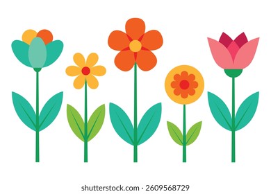 Colorful Stylized Flowers Set - Flat Design Floral Graphics. Minimalist Floral Clipart Design