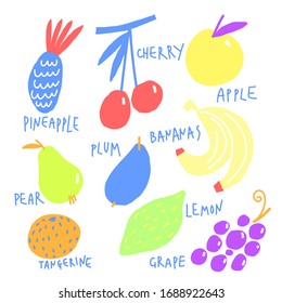 Colorful stylized fruits set. Vector hand drawn illustration