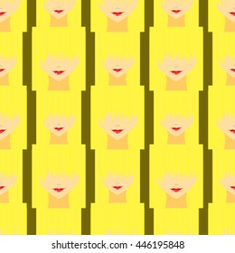 Colorful stylized girl with face covered long bangs. Noface woman seamless pattern.