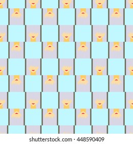 Colorful stylized girl with face covered long bangs. Noface woman seamless pattern.