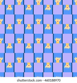 Colorful stylized girl with face covered long bangs. No face woman seamless pattern.