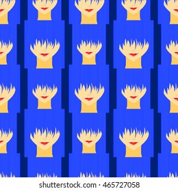 Colorful stylized girl with face covered long bangs. Noface woman seamless pattern.