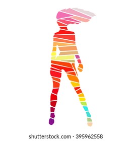 Colorful stylized girl pose. Drawing is made by polygons. Vector design elements for your creativity.