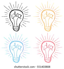 Colorful stylized idea bulb. Vector illustration. Hatching design