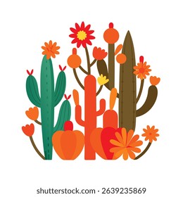 Colorful stylized illustration of desert cacti and desert flowers