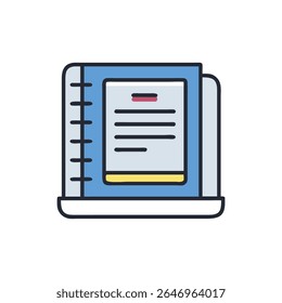Ilustração colorida estilizada de um notebook com uma ligação em espiral e cantos arredondados contra um fundo branco em um estilo plano.