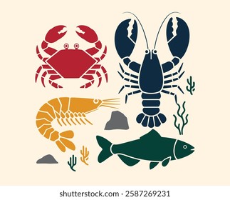 A colorful stylized illustration showcasing a crab, lobster, shrimp, and fish alongside aquatic plants and rocks.