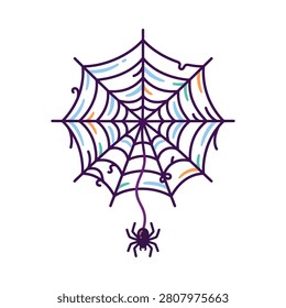 A colorful, stylized illustration of a spider web with a small spider hanging from a thread below it.