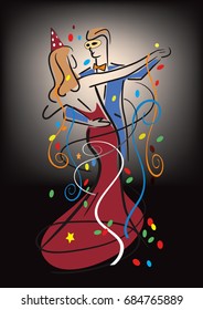 Colorful stylized illustration of Young couple dancing ballroom dance and confetti.Vector.