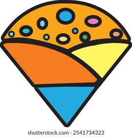 A colorful, stylized image of a cone-shaped object, possibly a dessert, with dots and layers of orange, yellow, and blue.


