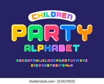 Colorful stylized kids alphabet design with uppercase, numbers and symbols