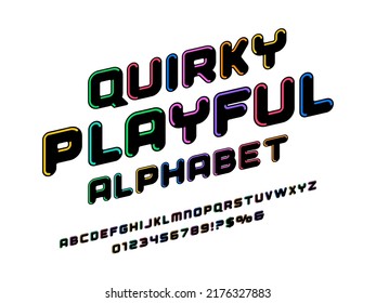 Colorful stylized kids alphabet design with uppercase, numbers and symbols