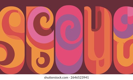 Colorful stylized letters spell a word on maroon background graphic