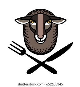Colorful stylized logo with head of sheep and fork and knife