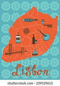 Colorful stylized map of Lisbon with tipical icons and illustrations. vector illustration