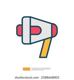 a colorful, stylized megaphone, symbolizing communication, announcements, or public speaking. It features a simple design with bold colors. Flat line style icon