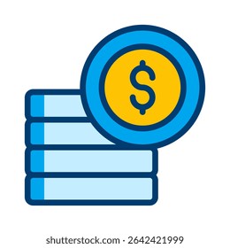 Um ícone monetário colorido e estilizado com uma pilha de moedas com um símbolo de dólar proeminente. Representa conceitos financeiros, de riqueza, de economia e de investimento.