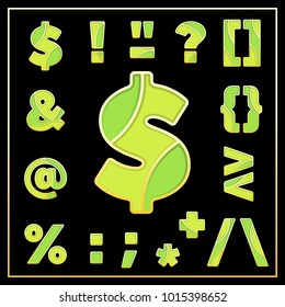 Colorful stylized mosaic font with punctuation marks. Part 4 of 4. Enamel jewelry art isolated symbols in green colors. Dollar sign, exclamation mark, percent sign and others for elegant design.