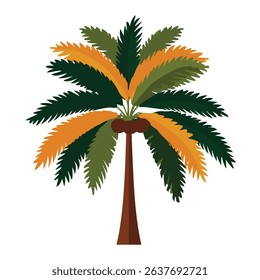 Colorful stylized palm tree illustration with layered green and orange leaves against white background