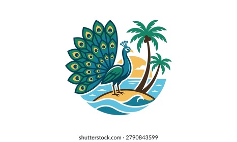 Colorful stylized peacock with palm trees on tropical island