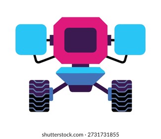 A colorful, stylized robot with blue square hands and wheels, set against a white background. It has a pink body and blue accents.