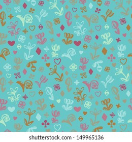 Colorful stylized scribble floral seamless pattern. Endless pattern with flowers, berries, hearts. Template for design and decoration