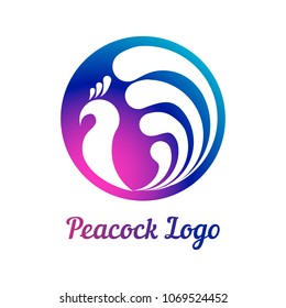 Colorful stylized silhouette of a peacock with tail. Circle shape. Vector logo template concept illustration. Bird abstract symbol. Peafowl sign.