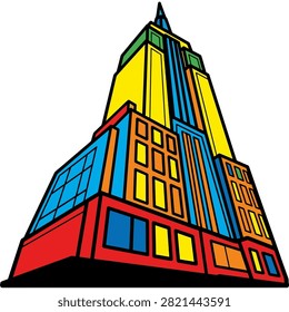 Colorful stylized skyscraper illustration representing modern urban city life