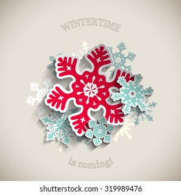 Colorful stylized snowflakes and ribbon with text Merry Christmas on beige background, vector illustration, eps 10 with transparency
