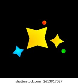 Colorful Stylized Stars on Black Background, Vibrant Red, Yellow and Blue Star Pattern.