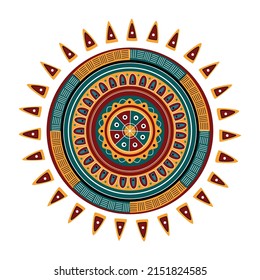 Colorful Stylized Sun in Mexican Style. Hand drawn vector illustration. Symbol of the sun, isolated on white.  Symbol of spring, summer, Mexico. Mayan and aztec culture