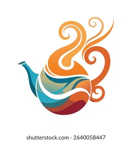 Colorful stylized teapot illustration with artistic steam coming out on a white background
