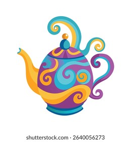 Colorful stylized teapot illustration featuring swirling patterns in vibrant shades of purple blue and yellow on white background.
