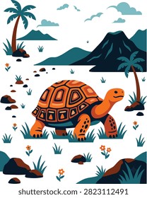 A colorful, stylized tortoise with an orange shell walks through green grass, small flowers, and rocks. Palm trees and mountains are in the background.