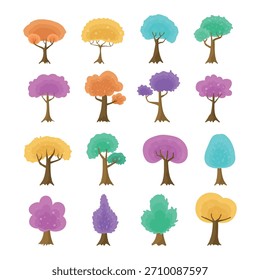 Colorful Stylized Trees Set With Bright Foliage in Various Shapes and Colors