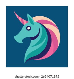 Colorful stylized unicorn illustration featuring curved design elements and a vibrant color palette on navy blue.