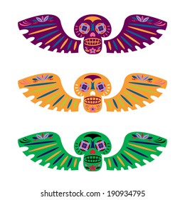 colorful stylized vector isolated skulls with wings decorative patterns